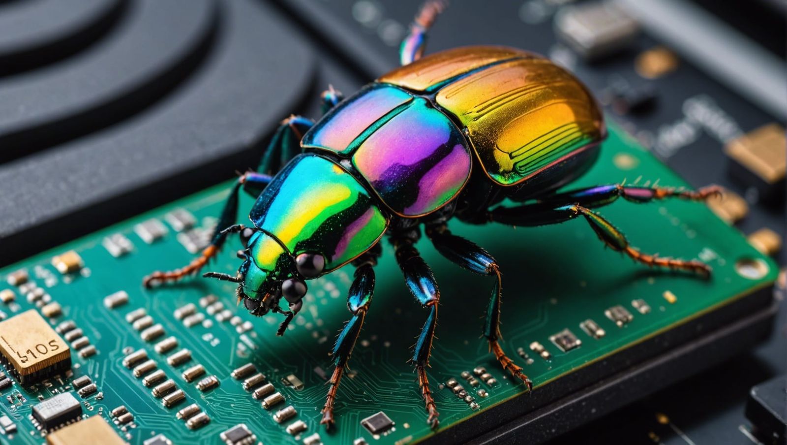 Macro photography of colorful iridescent beetle on top of a computer processor  by @ukimalefu