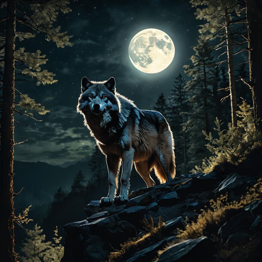 Majestic wolf coming out of a forest to a cliff at night  by @Master_artist