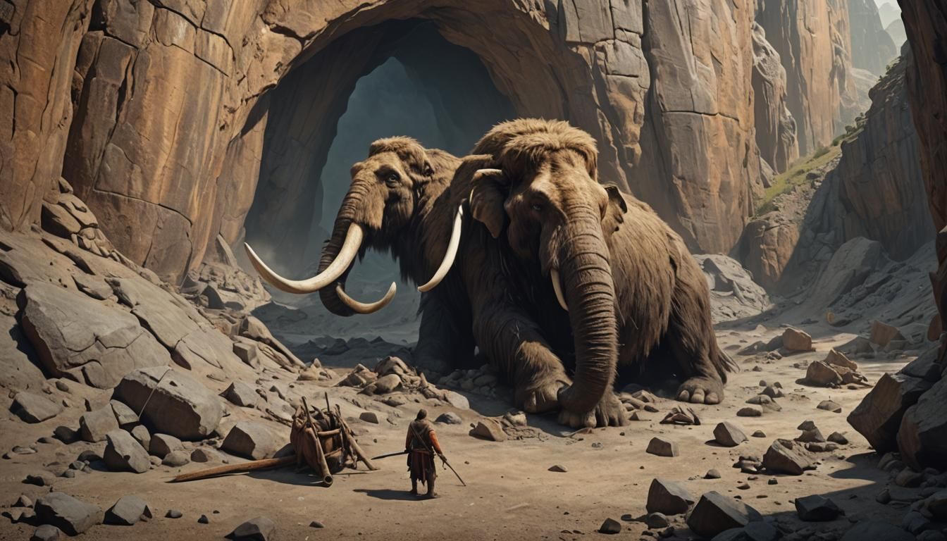 a dead mammoth lies near the cave, a man stands on top of a ...