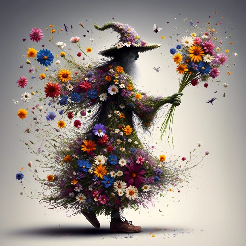 <lora:Flowers:1.0> Magical wizard made from flowers casting a spell of flowers magical flower effects
