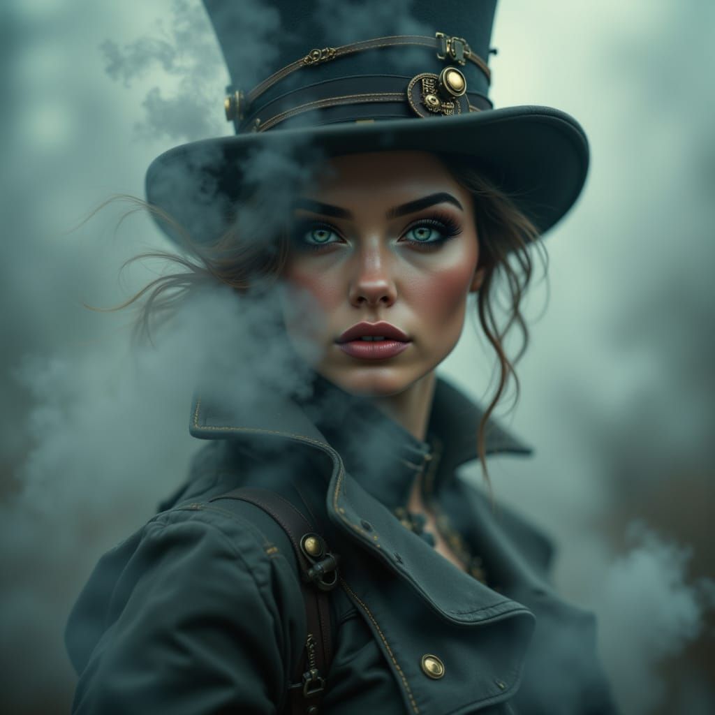 <lora:Steampunk Portrait:0.5> slightly out of focus logo with the gaussian blurred text, (Text: "Steampunk Portrait") spanning the width ma...