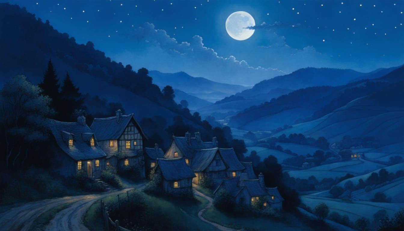 Rustic Wallachian Village Night in Storybook Style