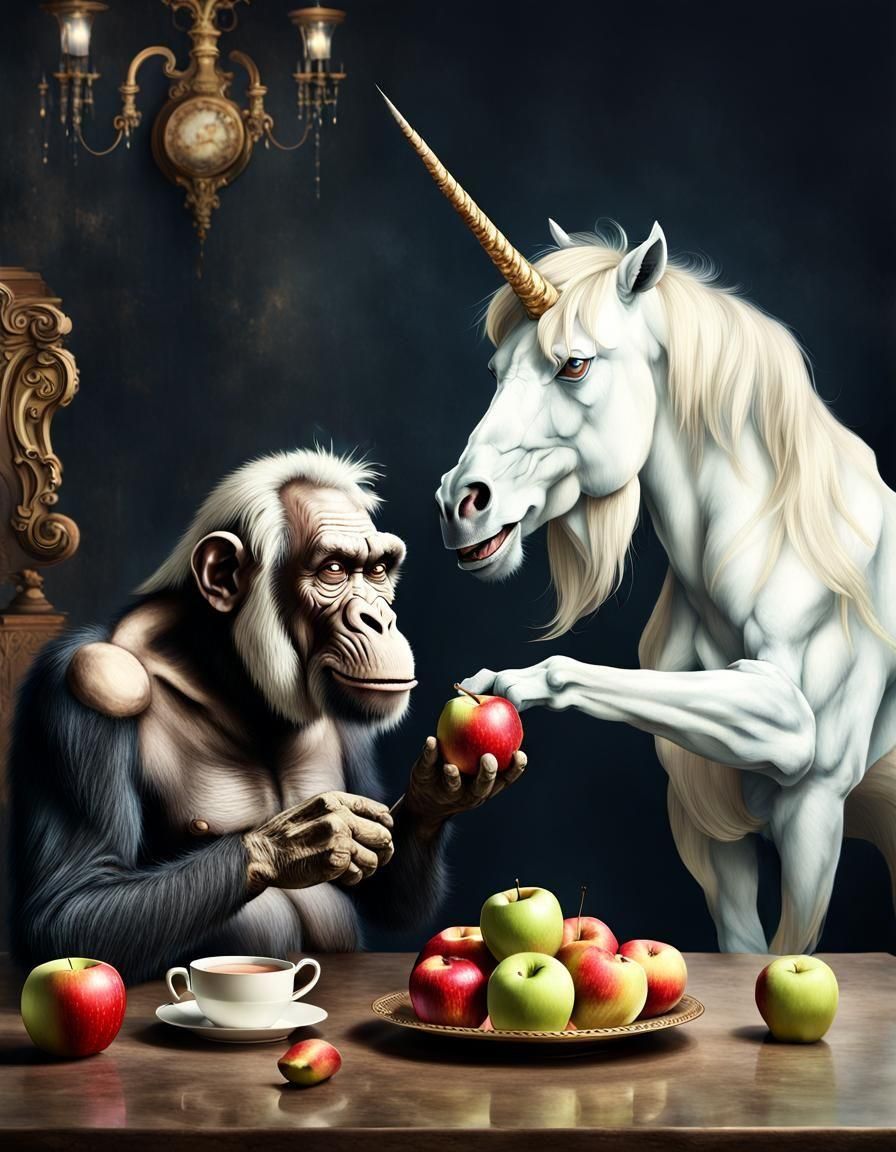 An ugly elderly ape and an elegant Unicorn eating apples   by @Pastaqueen