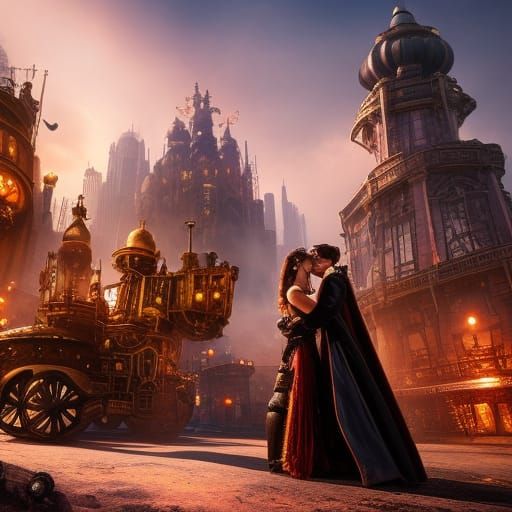 steampunk city a man a woman are kissing, detailed matte painting, deep color, fantastical, intricate ...  by @Emanu1