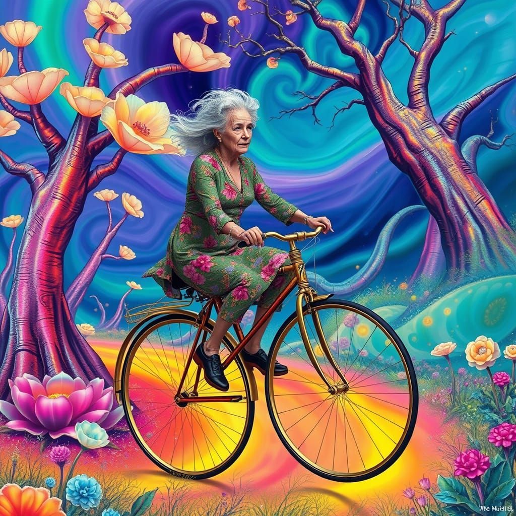 Elderly Woman on Vintage Penny Farthing Bicycle in Vibrant S...