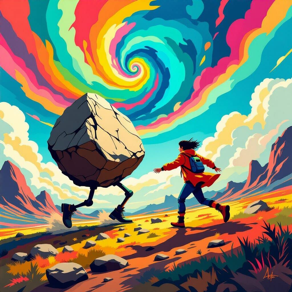 chased by a boulder with legs , a funny surreal chase scene , lots of rainbow colours in the sky