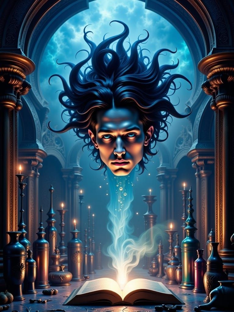 Haunted Mansion Aesthetic: Attractive dark-haired male head disembodied-head floating in a in a witch's workshop; magical cosmic fog; (Alpho...