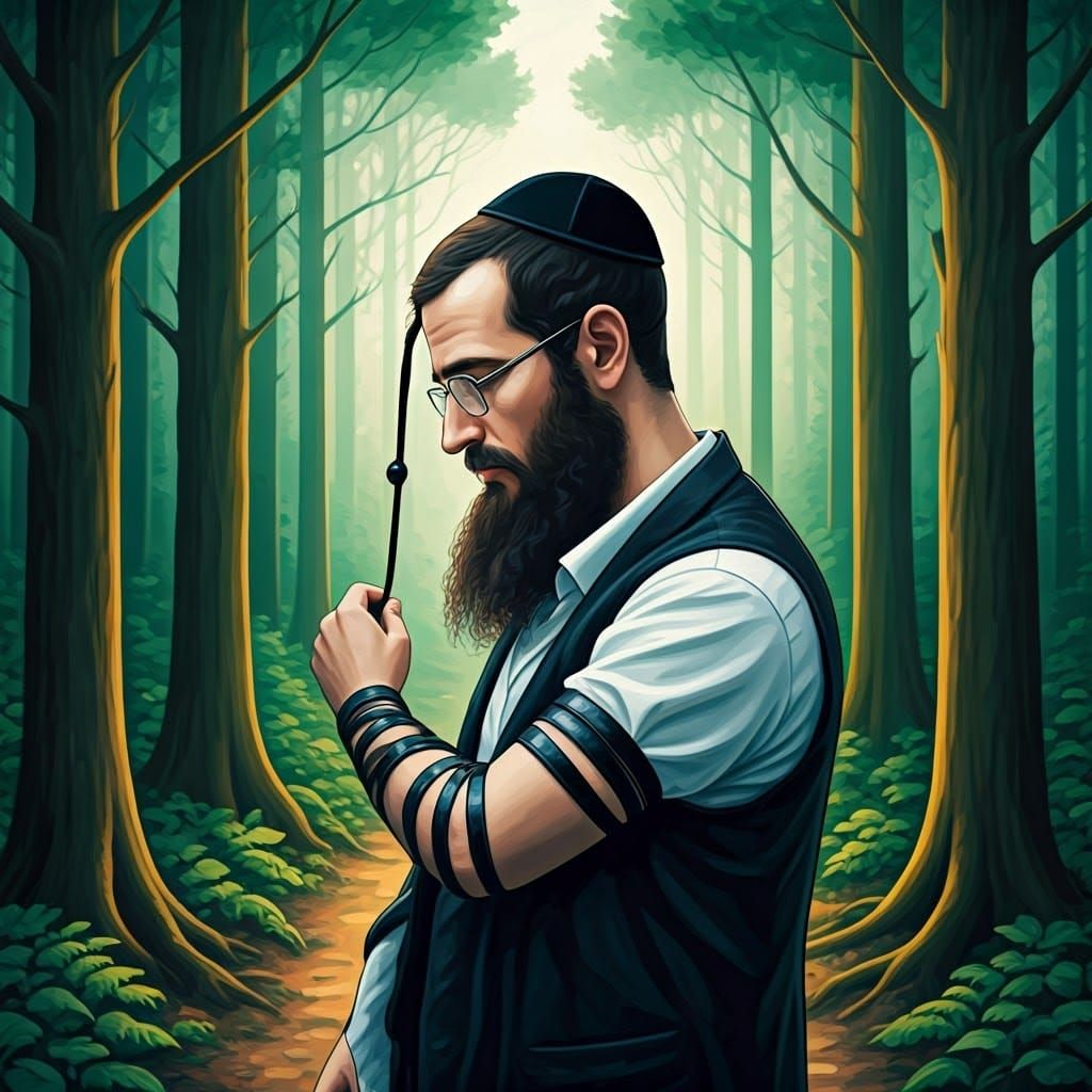 Orthodox Jewish Man in Forest, Mystical Art Style
