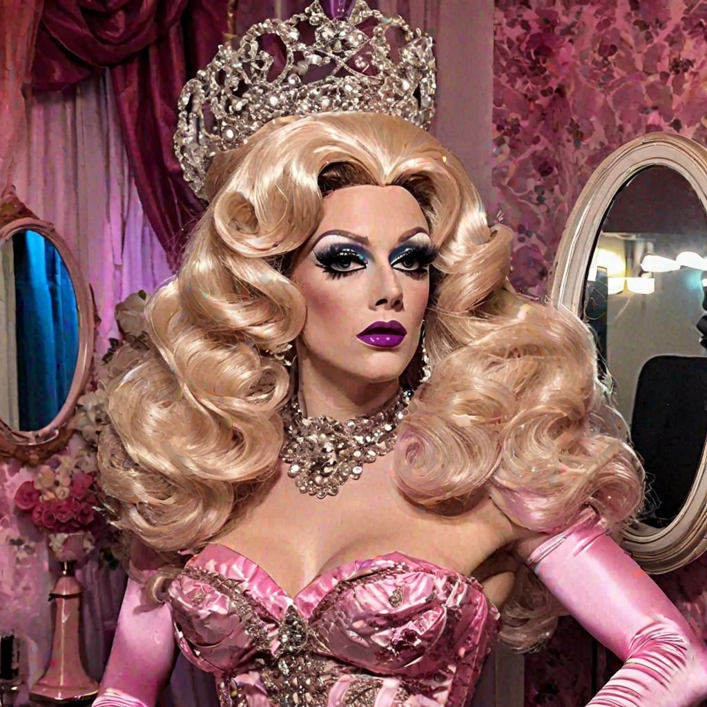 Satin Wonderland of Sissy Dresses and Wigs and Gloves and Makeup Mirrors. Poofy Extravagant Ultra Femme Drag Queen