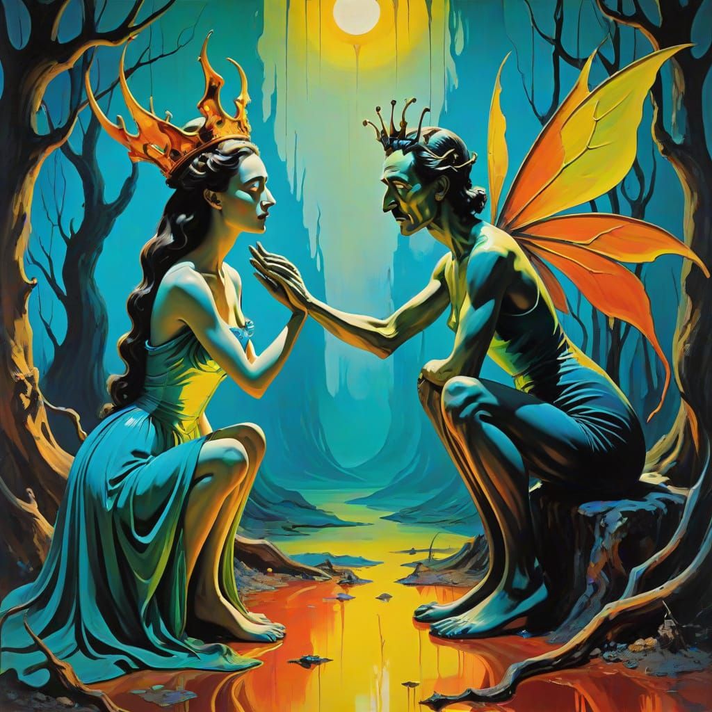 Surreal Oil Painting of Fairy and Imp in Enchanted Forest