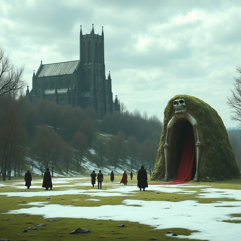 <lora:MJ6-1 DreamForge:1.0> A dark gray Gothic cathedral in the distance, an ancient stone burial mound with a skull on its side with red cl...