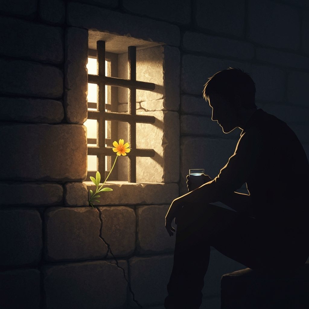 In the Prison Cell offering hope, A tiny golden petals wildflower growing from a crack between the stones of an old prison wall, right ...  by @Murray