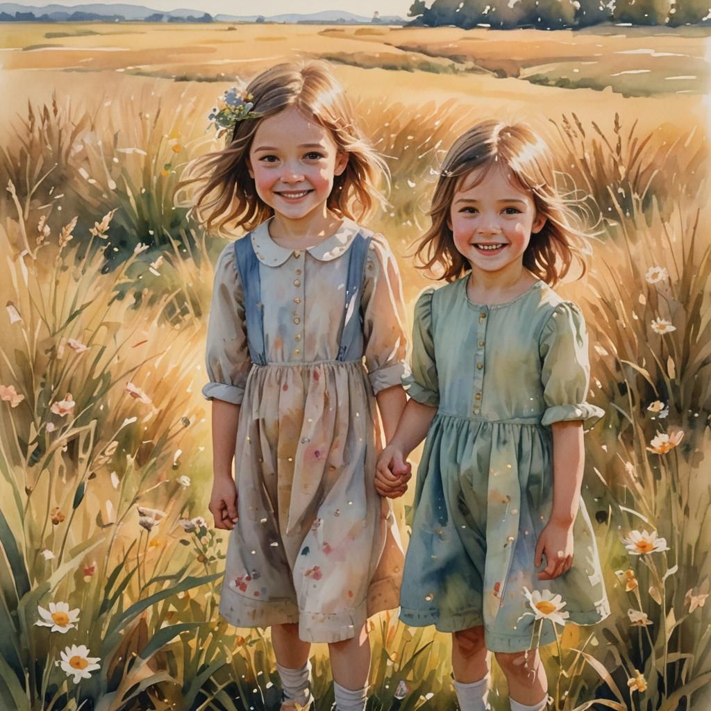 Watercolor Portrait of Smiling Children in Field