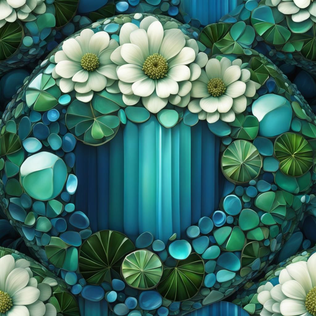 Blue green mosaic vase,round glass pieces, design of the oce...