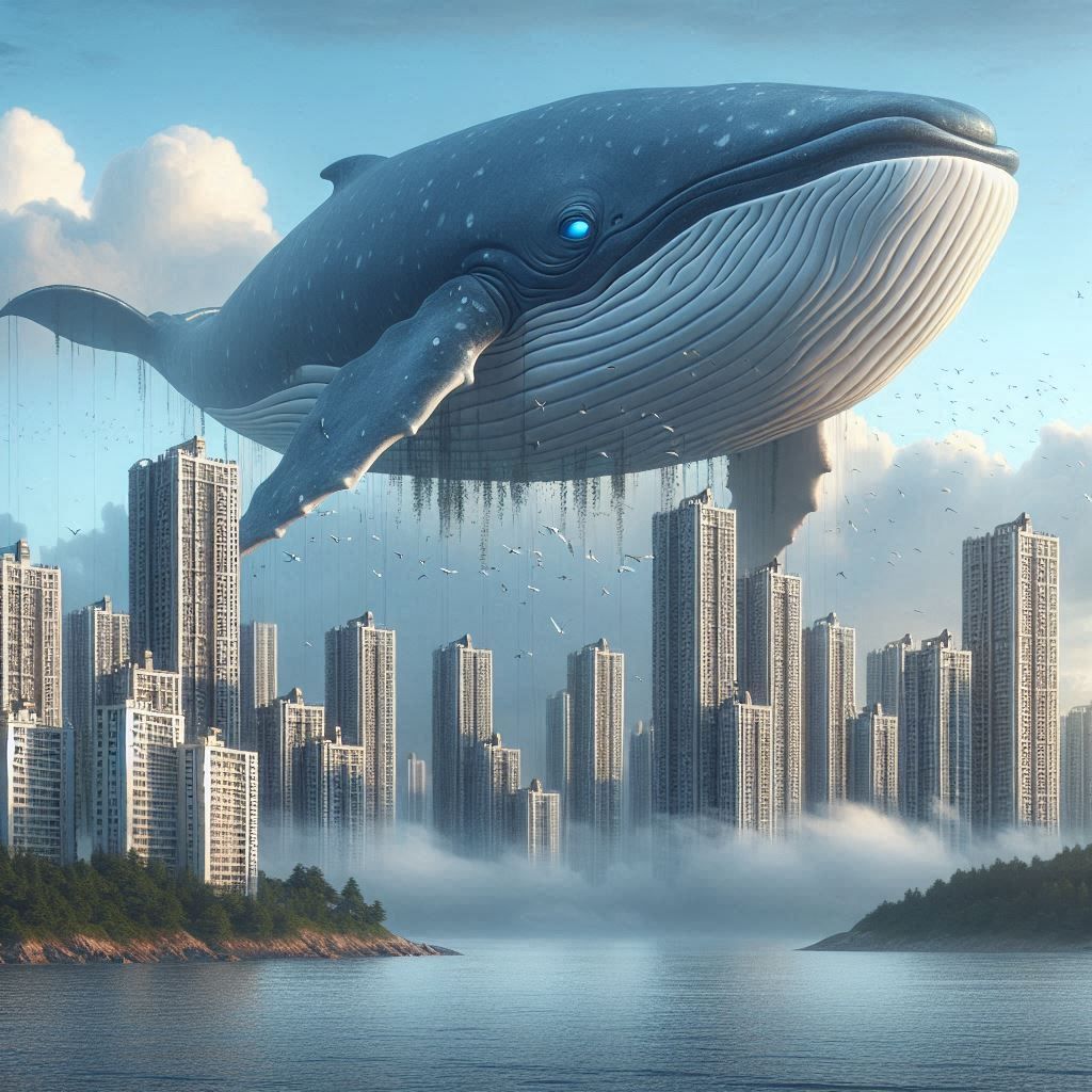 whale-like creature hovering over a city skyline