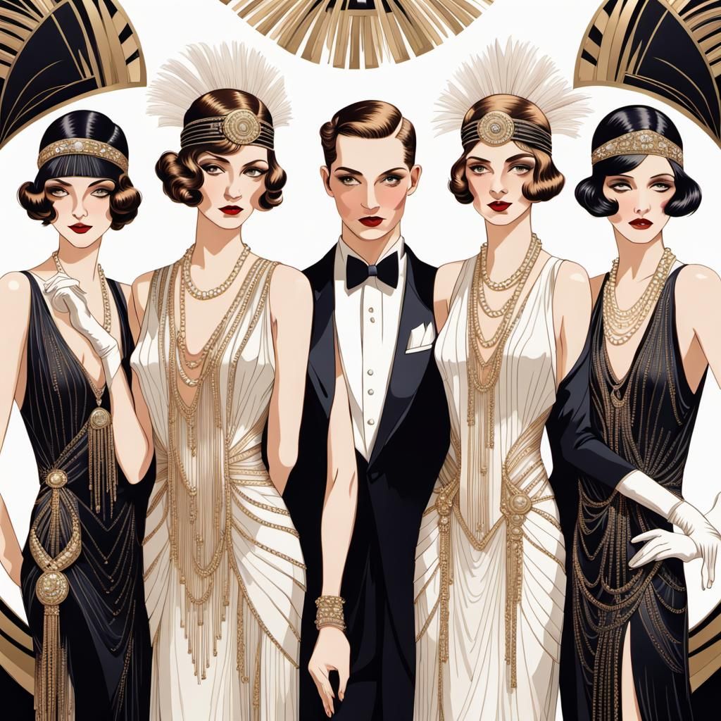 16k resolution, Art Deco fashion illustration, 1920s flapper style ...