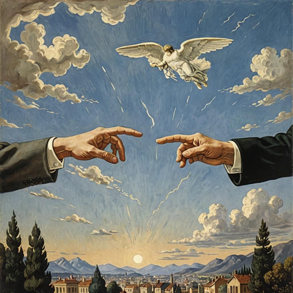 The Creation of Adam, but painted by Rene Magritte