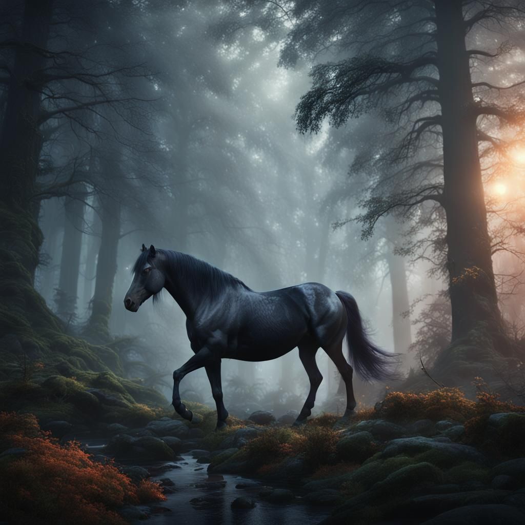 A wild black horse in a forest full of mist  by @Soralba