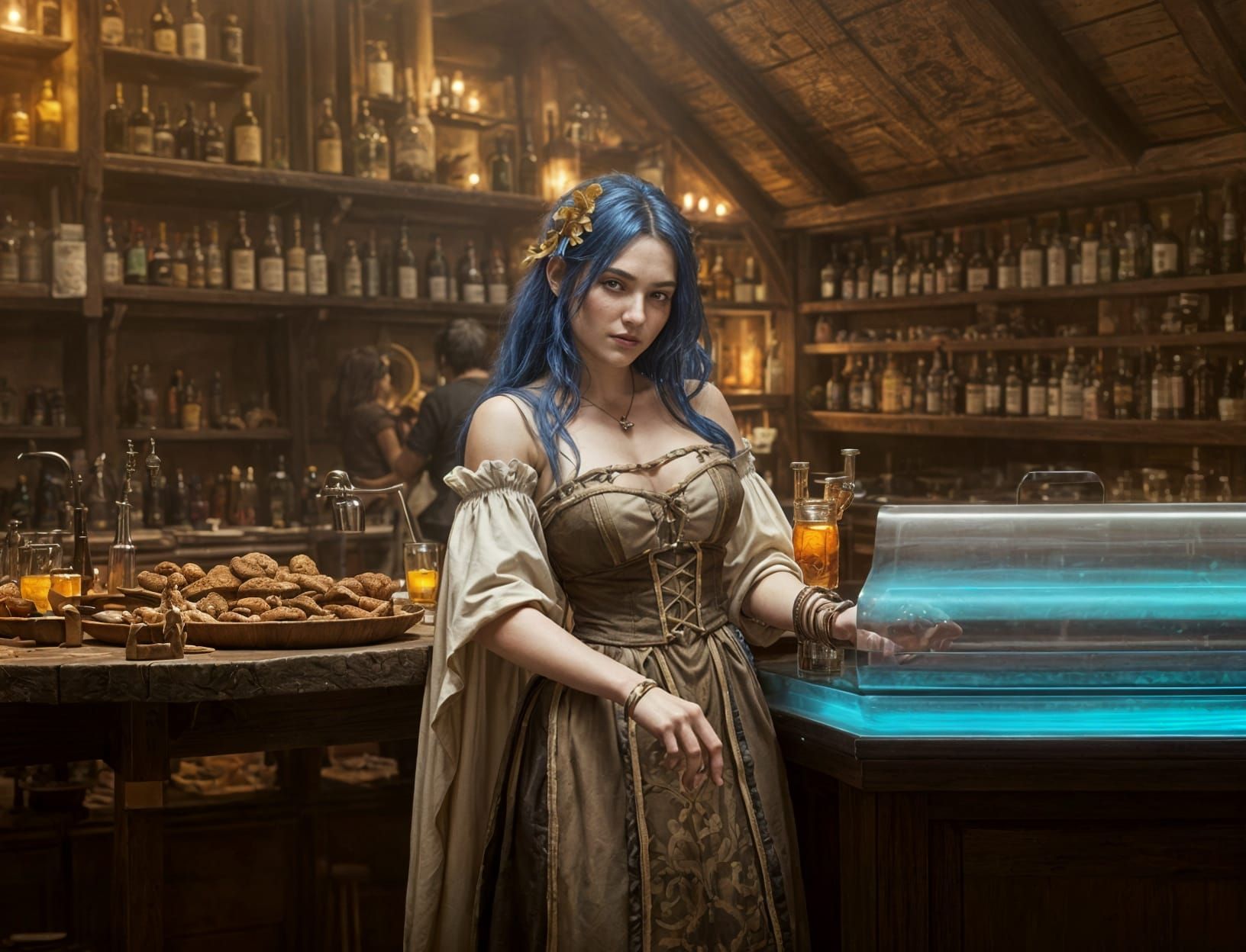 A beautiful eleven bar maid working in a dnd style tavern. The tavern is large and lively with many people  she is serving potions to weary ...