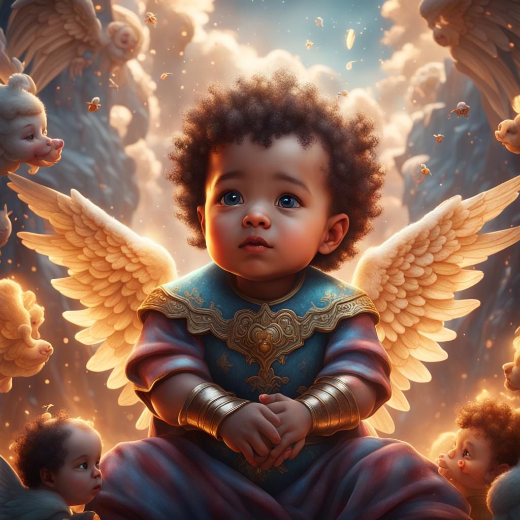 A cute baby is protected by angels above