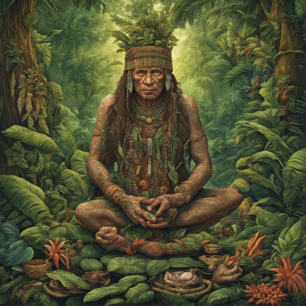 Amazon forest shaman preparing ayahuasca ritual