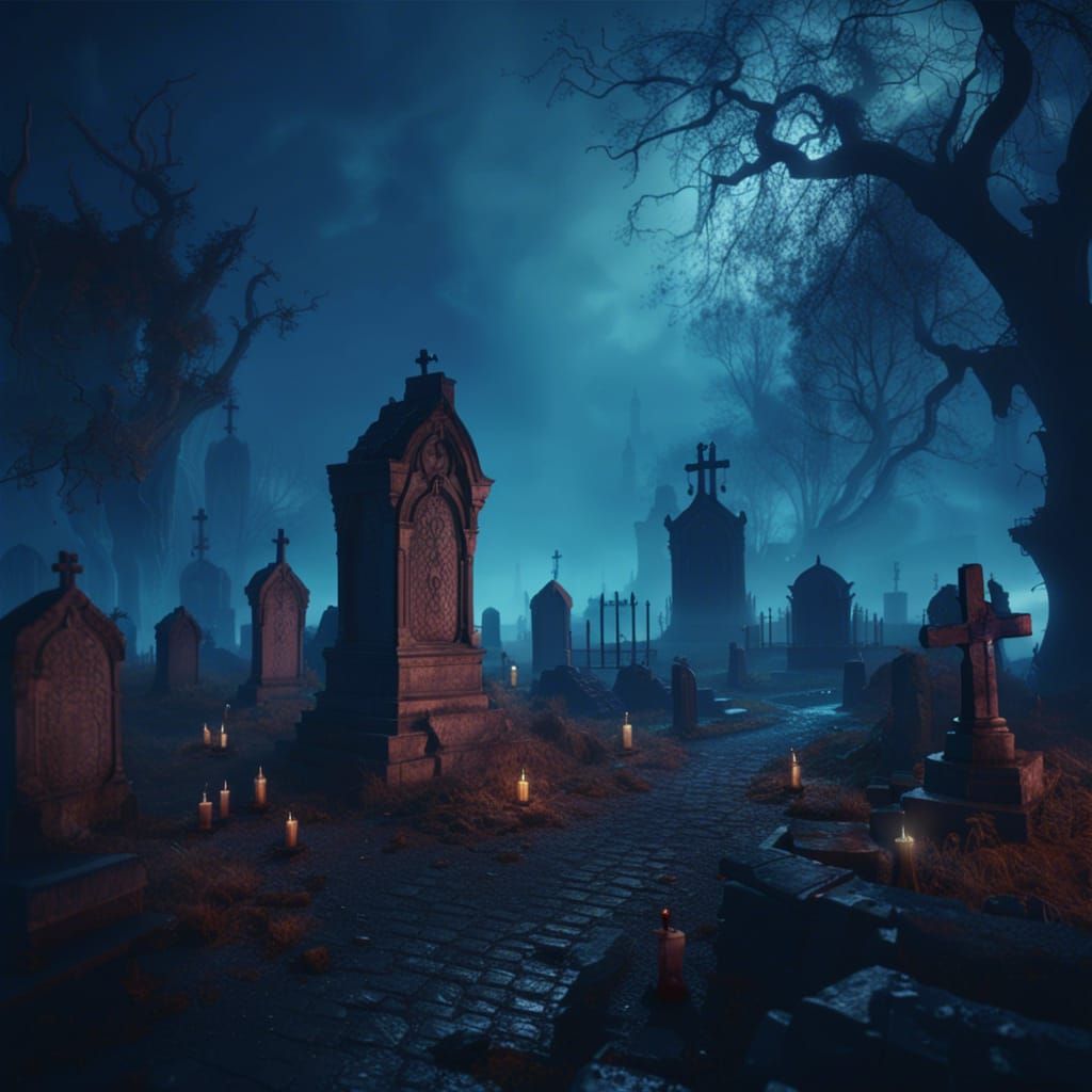 Foggy graveyard at night - AI Generated Artwork - NightCafe Creator