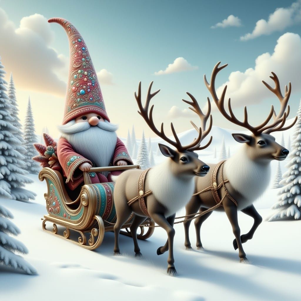 <lora:Scandic Gnomes:1.0><lora: nordic gnomes driving on a slay with reindeer, through a snow-covered landscape 
 whimsical photorealistic h...