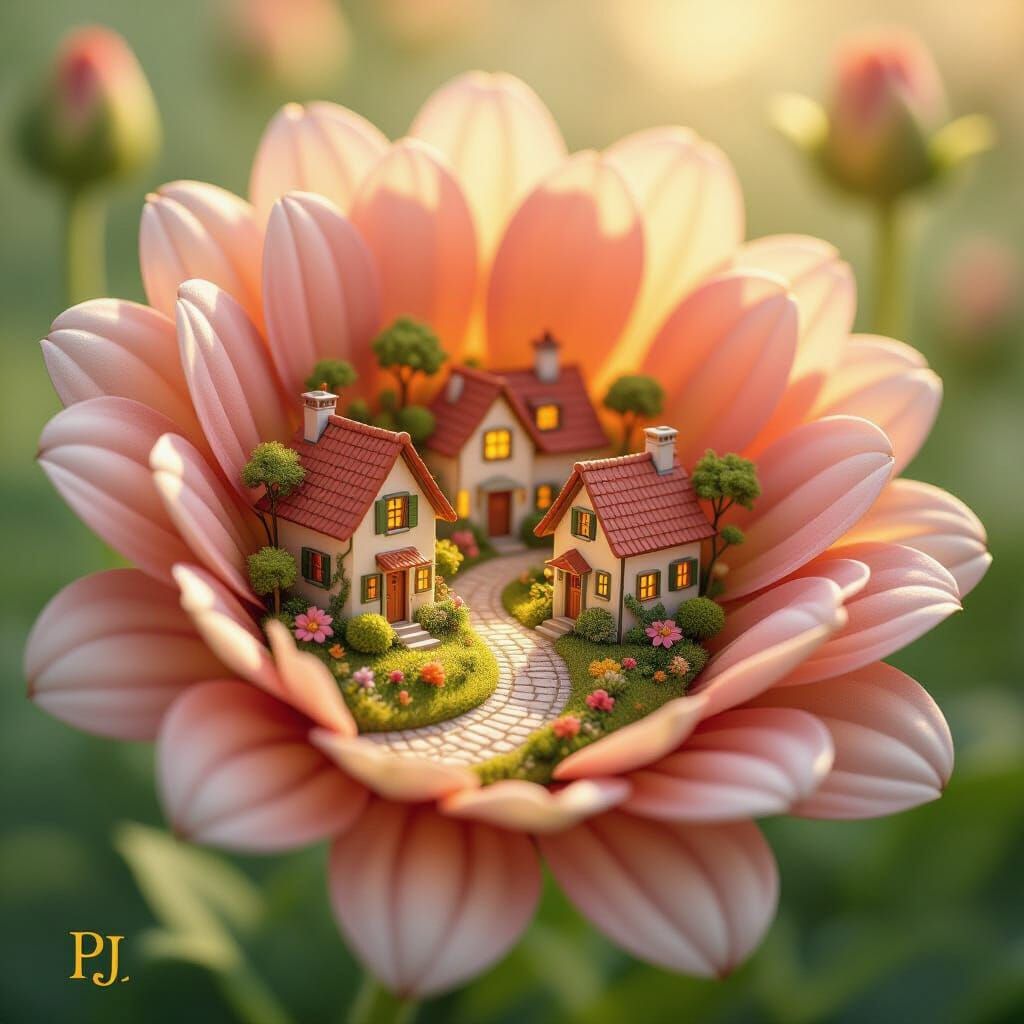 Village Hidden Inside Vibrant Flower Petals