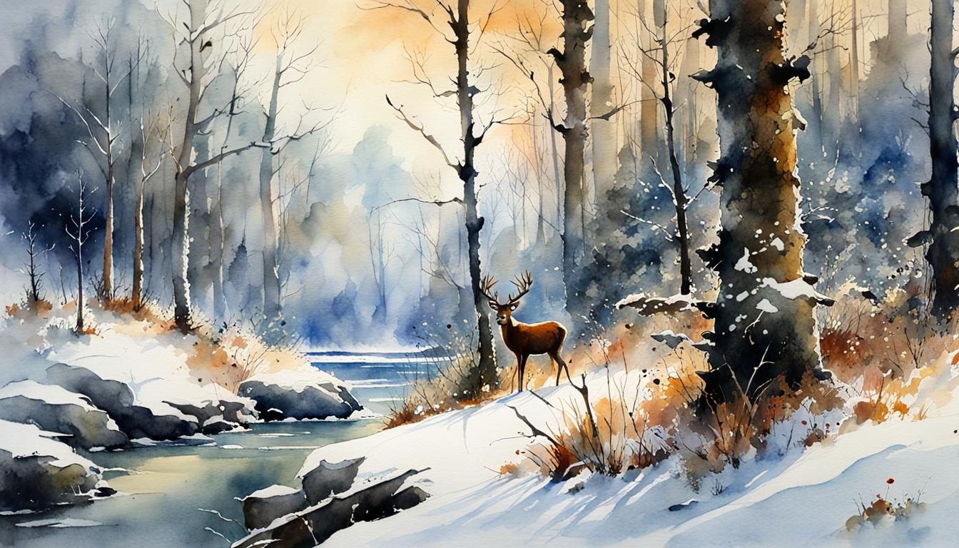 Winter wildlife forest watercolour  by @MarkusP