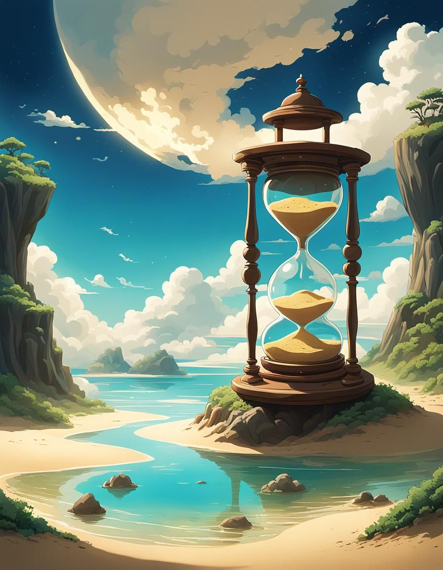 an hourglass with a tiny, detailed fantastical world inside