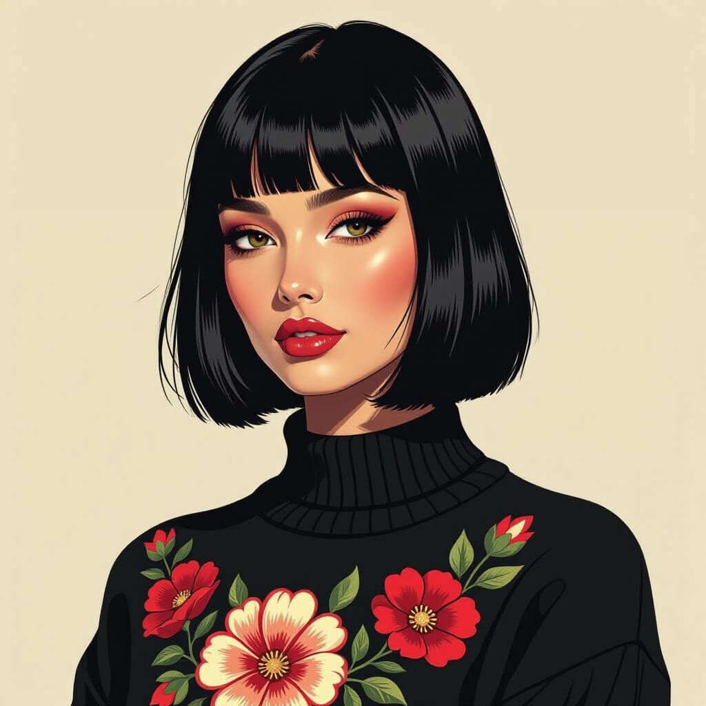 A portrait of a woman wearing a black jumper with an embroidered flower. She has black straight hair in a bob and a thick fringe. 3D shading...
