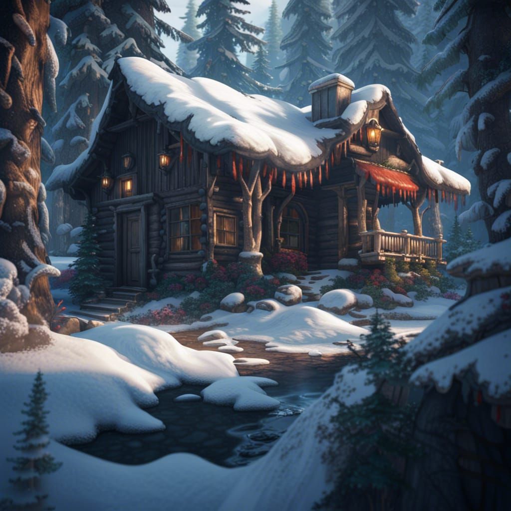 a snowy cabin in the forest
