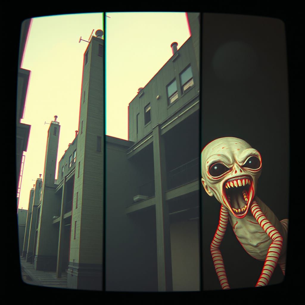 Surreal Horror Triptych Glitch Art in Brutalist Style