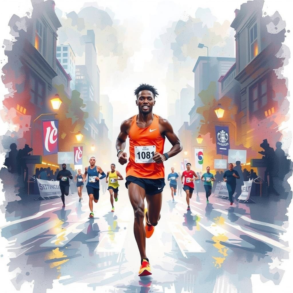An impressionistic watercolor poster celebrating a marathon runner, capturing the essence of motion and ...  by @Jemina