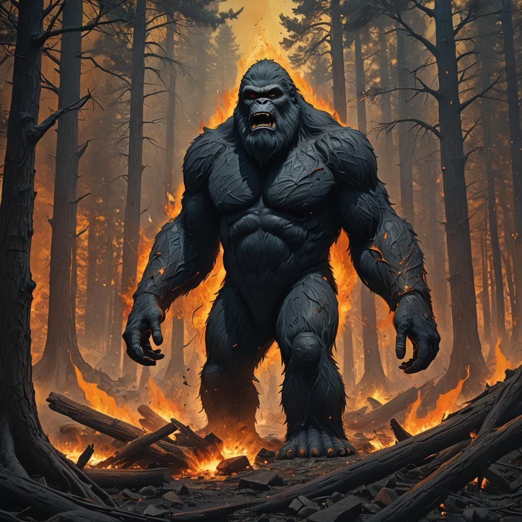 Bigfoot Explosion on Fiery Landscape, Fantasy Concept Art