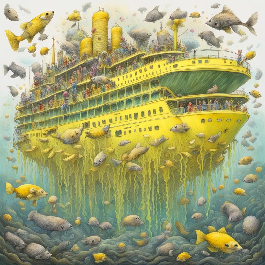a yellow semi-transparent mega cruise ship submerged under water  by @mansai