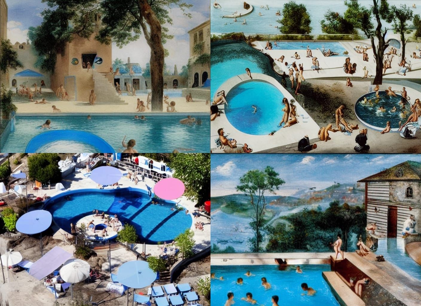 the pupil of a blue eye as a swimming pool with bathers and ...