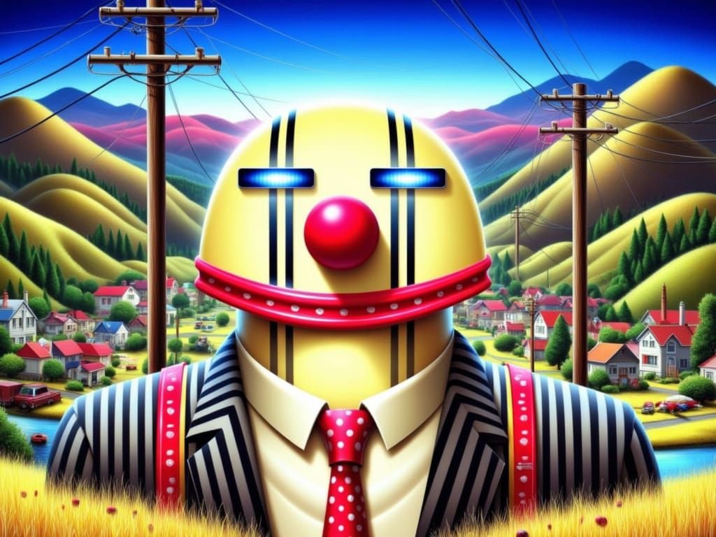 <lora:Naivepunk V2:1.0> Funny off-the-wall surreal Naivepunk scene, close up portrait of a robot clown wearing a striped suit and red tie wi...