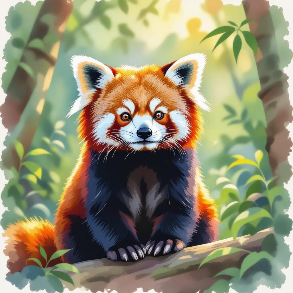 Dean Carousel watercolor of a red panda in its natural environment sunny warm jungle medium shot volumetric lighting trending on art station...