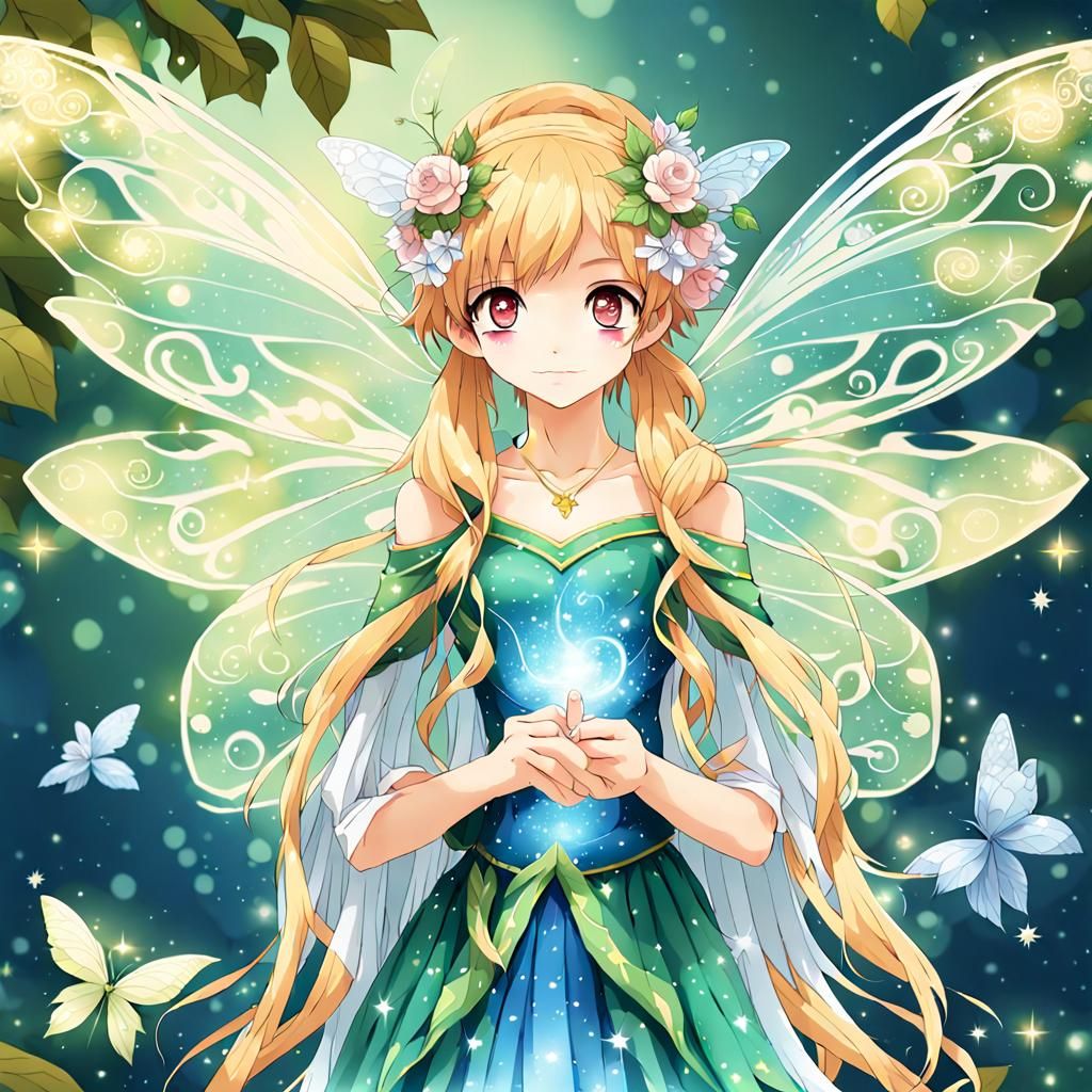 Design an anime fairy character with ethereal beauty and enc...