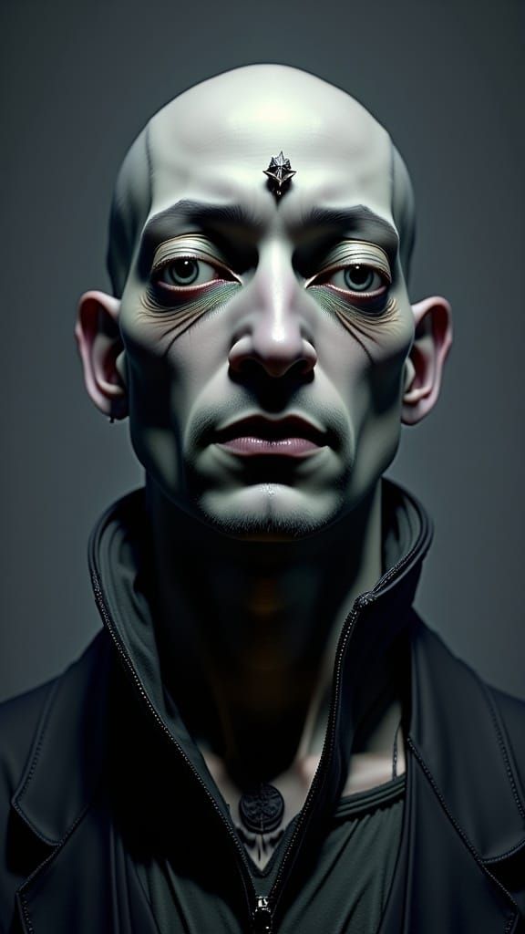Surreal Delirium Nightmare: Male portrait (Uncanny Valley Unsettling Simulated Human street style high-angle medium full shot photo portrait...