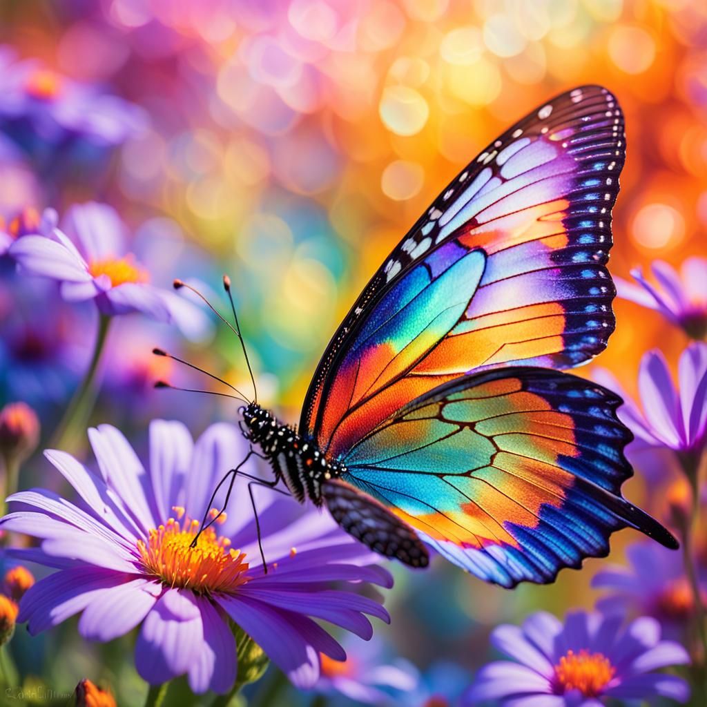 Colorful Butterfly Flying in the Purple Flowers