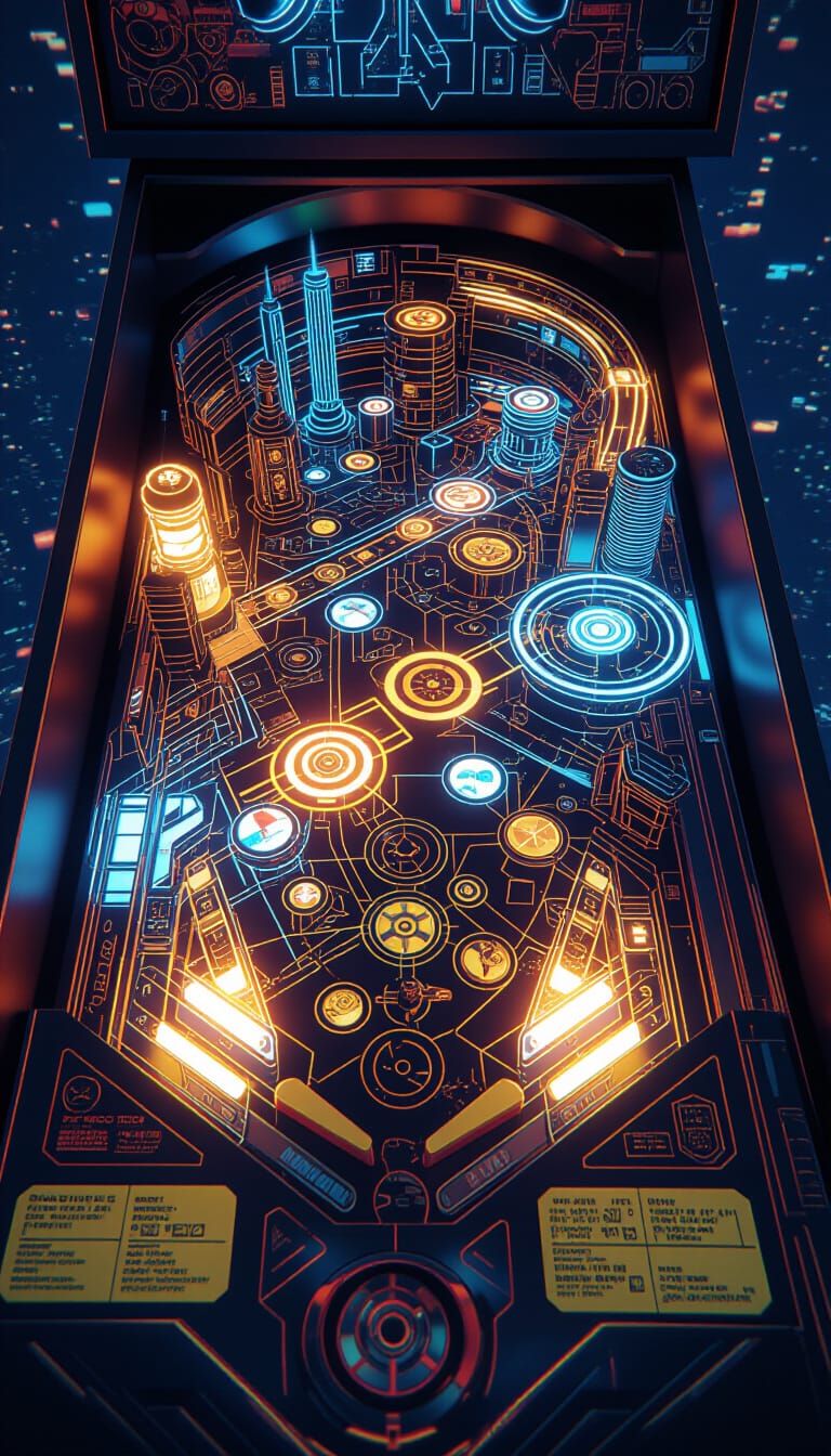 A dazzling, futuristic pinball table transformed into an intricate puzzle machine, with glowing energy ...  by @iAmDaddyRandy
