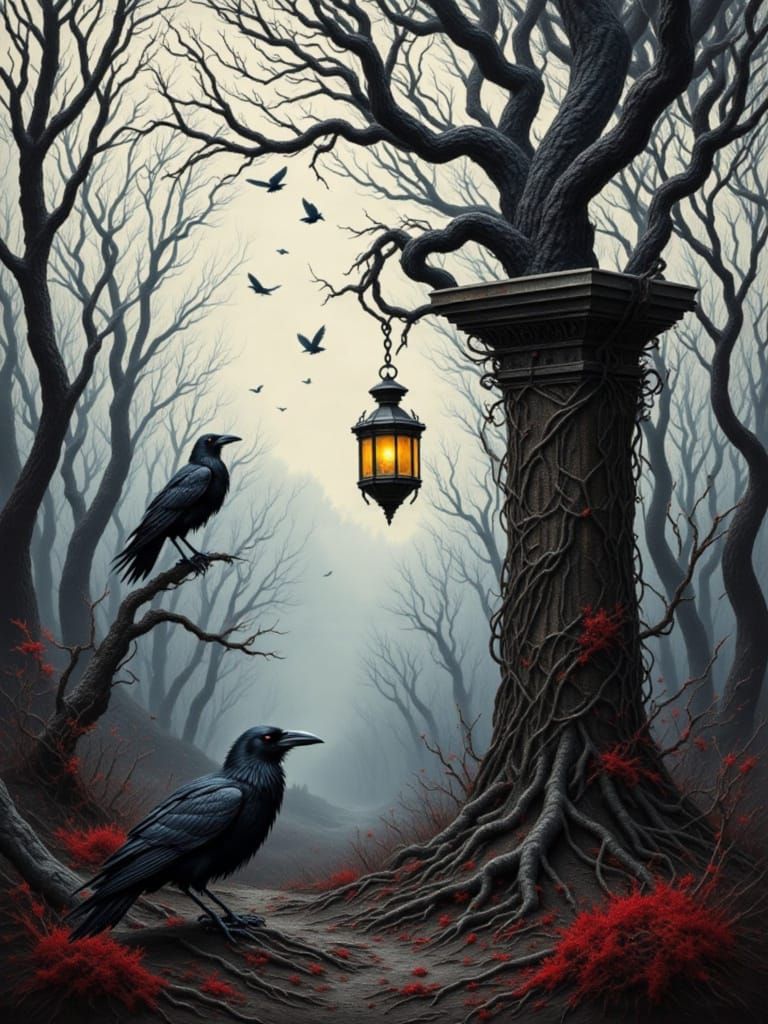 Gothic Forest Landscape with Raven and Lantern