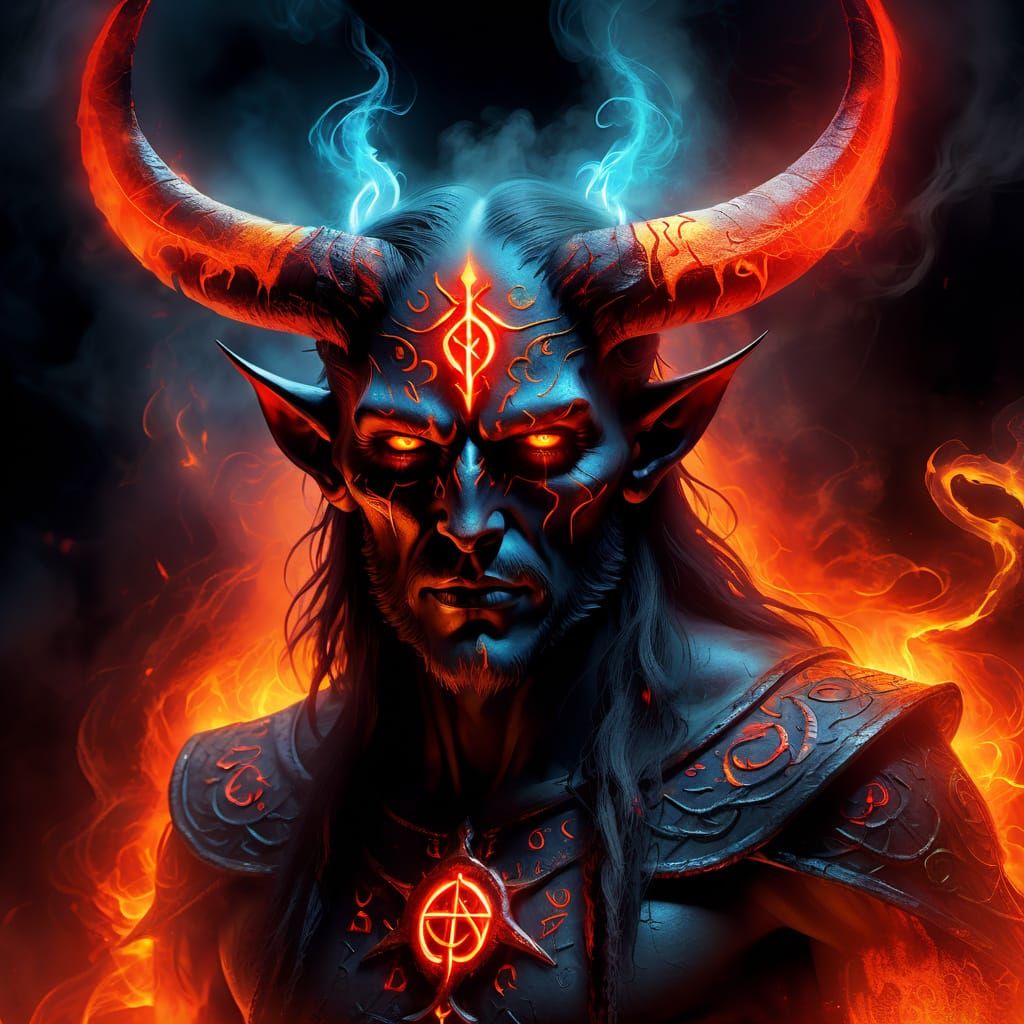 Tarot: The Devil, bioluminescent runic skin markings, glowing runic ...