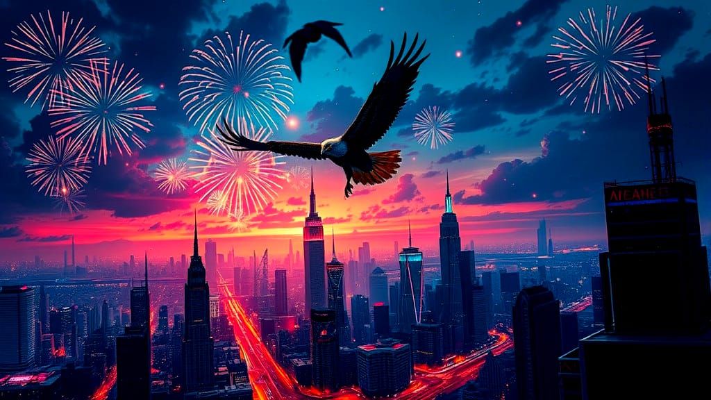Night Cityscape with Eagles in Digital Art