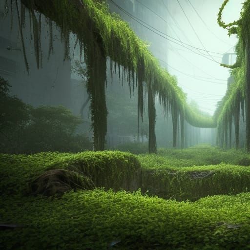 Overgrown city covered in vines and moss