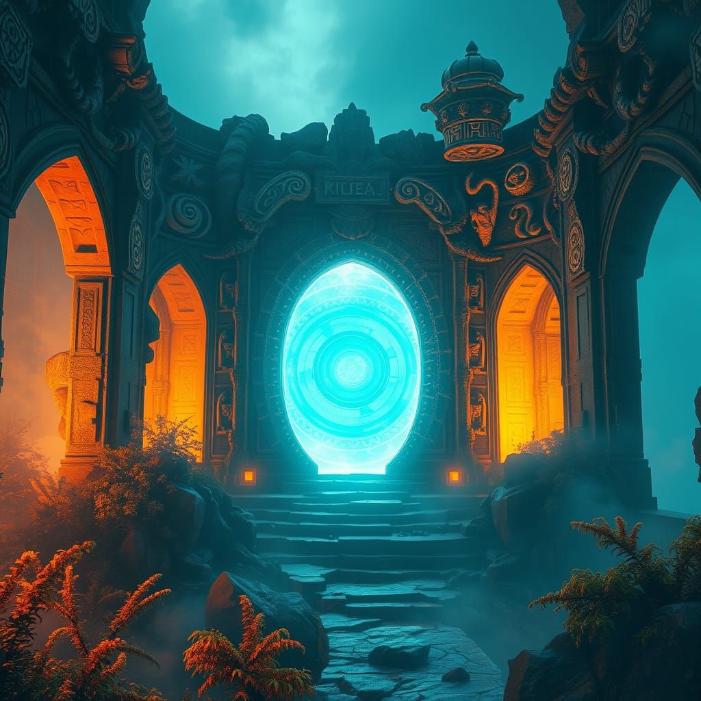 Ethereal Portal Amidst Ancient Ruins in Vibrant Colors