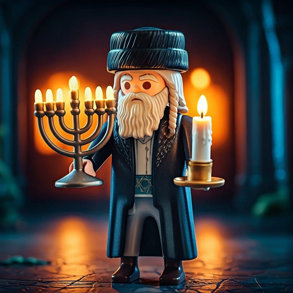 Wise Hasidic Rabbi in Traditional Attire Holding Menorah and...