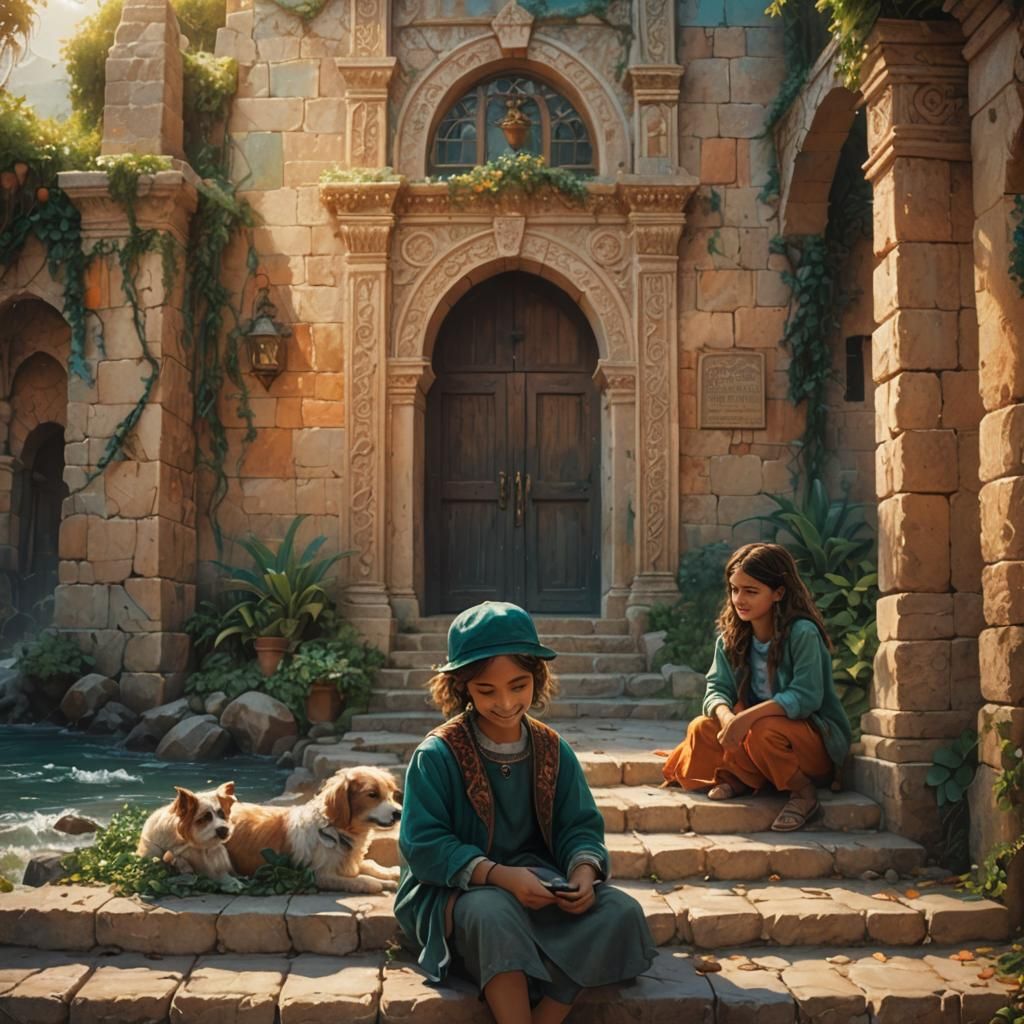 Girl and Dog by Sea of Galilee in Impressionistic Style